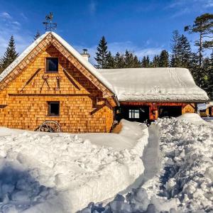 a barn covered in snow in front at Chalet Wildalpen (in Ruhelage & mit Wellness) in Wildalpen