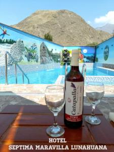 路納宛納的住宿－Hotel Septima Maravilla Lunahuana，一张桌子上放着一瓶葡萄酒,放上两杯