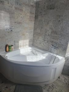 a white tub in a bathroom with a stone wall at Il Castelletto di Gomo in Godiasco