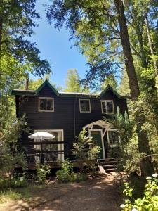 a black house in the middle of a forest at Refugio369cl - LodgeTenisPuconcl in Pucón