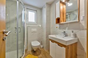 Un baño con inodoro, lavabo y ducha. en Apartman Relja Zlatibor, en Zlatibor 14 fotos más
