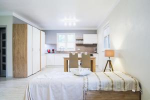 a kitchen with a bed and a table in a room at Apartmány a Wellness VMAL s.r.o. in Skuteč
