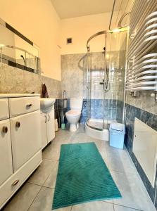 y baño con ducha, aseo y lavamanos. en Apartament Willa Aurora, en Kudowa-Zdrój