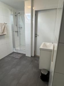 a white bathroom with a shower and a sink at Cozy City Center Apartment in Graz