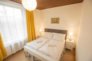 a bedroom with a bed and a large window at Pension v parku Český Šternberk in Český Šternberk