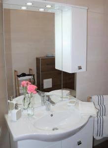 uma casa de banho com um lavatório branco e um espelho. em Appartement ROSalia 
