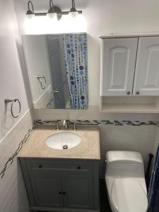 ein Badezimmer mit einem Waschbecken, einem WC und einem Spiegel in der Unterkunft Wonderful 2 Bedroom in the heart of Astoria in Steinway