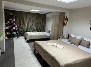 sypialnia z 2 łóżkami i choinką świąteczną w obiekcie Guest House Tatiana Studio w mieście Petricz