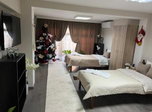 Guest House Tatiana Studio في بيتريتش: غرفة بسريرين وشجرة عيد الميلاد