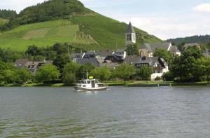 a boat in the water in front of a village at Ferienwohnung Dunja in Bullay