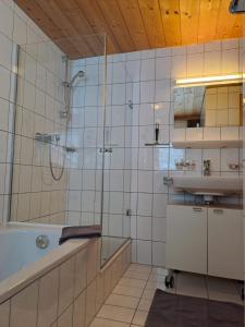 uma casa de banho com um chuveiro, um lavatório e uma banheira em Haus Annelies em Bizau