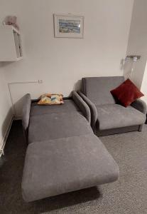 uma sala de estar com um sofá cinzento e uma almofada vermelha em Dzīvoklis 17 em Rūjiena