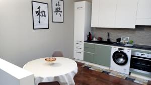 uma cozinha com uma mesa e uma máquina de lavar roupa em SKY LOFT Nuovissimo vicinanze Metro em Turim