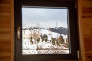 a view of a snow covered mountain from a window at Cez A-Frame in Petroşani