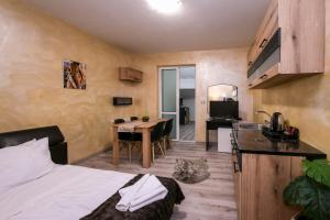 a room with a bed and a kitchen with a table at Mountain Paradise in Bansko