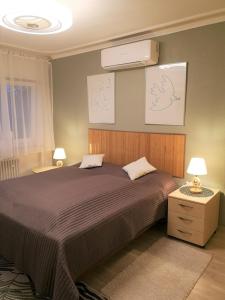 a bedroom with a bed and a air conditioner on the wall at Peace-Deluxe**** in Bingen am Rhein
