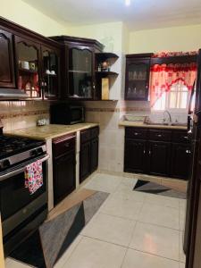 una cocina con armarios negros y fregadero en Residencial monti 1, en Mendoza