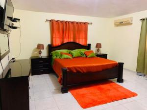 1 dormitorio con 1 cama con sábanas de color naranja y almohadas verdes en Residencial monti 1, en Mendoza