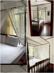 2 fotos de un dormitorio con cama con cortinas en Wasana Villa Mirissa, en Mirissa