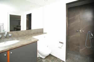 La salle de bains est pourvue de toilettes, d'un lavabo et d'une douche. dans l'établissement Modern 3BR Duplex Flat in Nyhavn w Private Balcony, à Copenhague