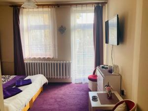 Schlafzimmer mit einem Bett, einem TV und einem Fenster in der Unterkunft Dworek Ewunia in Wisła