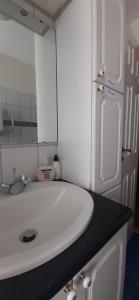 een badkamer met een witte wastafel en een spiegel bij Country House Tokastaðir in Egilsstadir