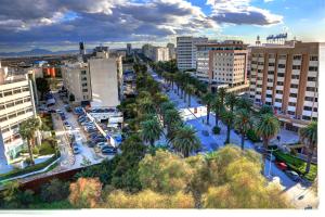 eine Luftblick auf eine Stadt mit Palmen und Gebäuden in der Unterkunft Hôtel La Maison Blanche in Tunis