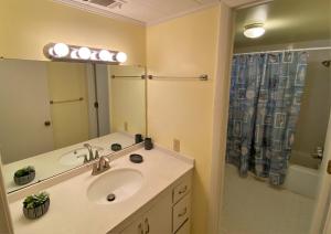 a bathroom with a sink and a mirror and a shower at SEA COTTAGE APARTMENT Duplex in Jekyll Island +3 photos