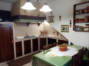 a kitchen with a table with a green table cloth at La tana delle coccinelle in Capracotta