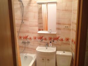 a bathroom with a sink and a toilet and a mirror at Apartment on Lenina in Ukhta