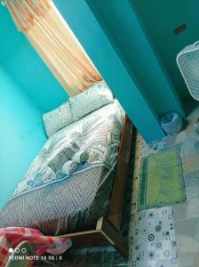 Posto letto in camera con soffitto blu di Excellent Pleasantville Apartment a San Fernando