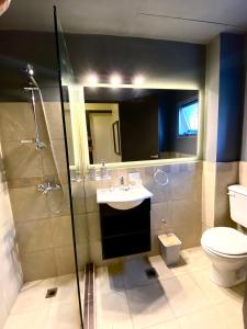 ein Badezimmer mit Waschbecken, Toilette und Dusche in der Unterkunft STUDIO/9 CERRO in Cordoba