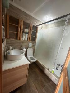a bathroom with a sink and a toilet and a shower at Appartement Casablanca Garden Beach in Casablanca