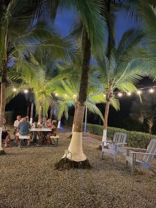 people sitting at a table under palm trees at night at Hotel Villas Gaia Ecolodge in Uvita