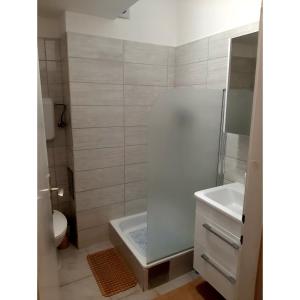 a bathroom with a shower and a toilet and a sink at Stan na dan Brčko in Brčko