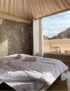 a bedroom with a bed with a view of the desert at Ammar Rum Camp and jeep tour in Wadi Rum