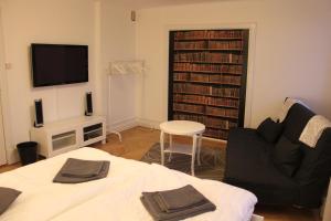 uma sala de estar com uma cama e uma cadeira e uma televisão em Vallarnas Bed & Breakfast em Falkenberg