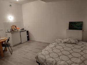 1 dormitorio con 1 cama y cocina pequeña en Gorgeous New apartment, 5mn walk to metro line 5 en Romainville
