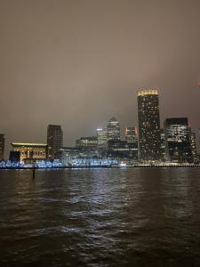 a view of a city from the water at night at Cozy private room for single use in London