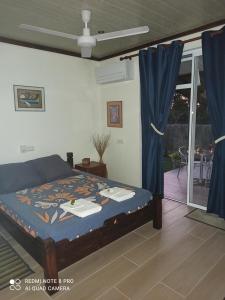1 dormitorio con cama y cortina azul en La Maison Du Voyage, en Tevaitoa