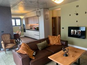 ein Wohnzimmer mit einem braunen Sofa und einem Tisch in der Unterkunft Design & Luxus Villa Decumanus in Radmani