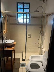 a bathroom with a shower and a toilet and a sink at El Betete-Disfrute de la Sierra de las Animas in Pan de Azúcar