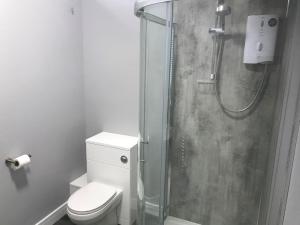 a bathroom with a toilet and a glass shower at Apartment 3 The Beach Hut - Uk31822 in Great Yarmouth