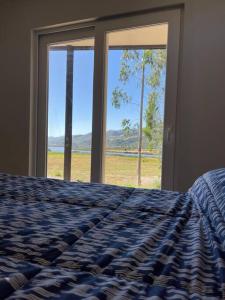a bedroom with a bed and a window with a view at Cabañas Borde Lindo in Valdivia