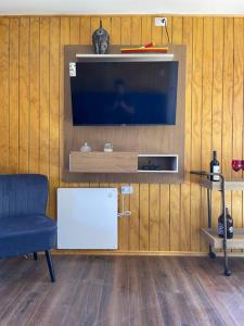 a living room with a television and a chair at Cabañas Borde Lindo in Valdivia +12 photos