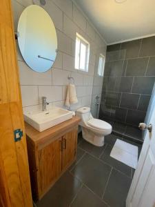 a bathroom with a sink and a toilet and a mirror at Cabañas Borde Lindo in Valdivia