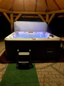 a jacuzzi tub in a room with a green floor at Bieszczadzkie Dworki Ropienka Dolna in Ustrzyki Dolne