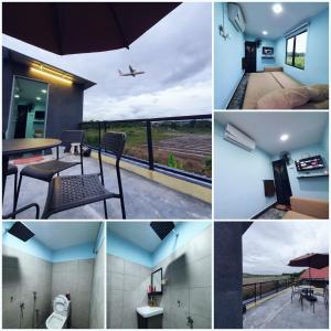 een collage van foto's van een huis met een vliegtuig boven het hoofd bij Cabin stay with Sunrise and plane spotting view in Shah Alam