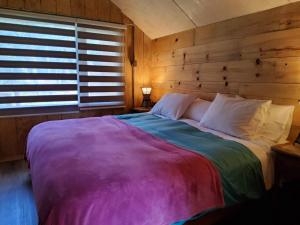 a bedroom with a large bed with a wooden wall at Cabaña Martin Pescador, Lodge Nevados de Sollipulli in Melipeuco