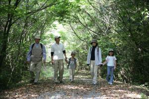 a family walking down a trail in the woods at Greenpia Yame in Yame